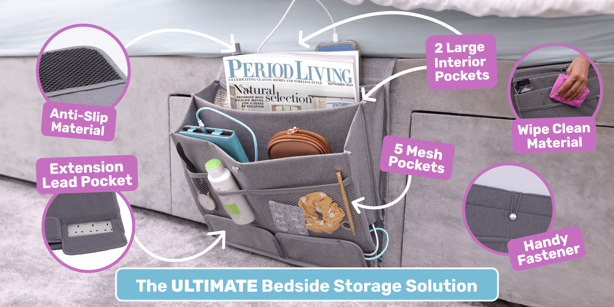 Diagram of Bed Base – 2 large interior pockets, 3 mesh pockets, extension lead pocket, anti-slip material & a handy fastener.