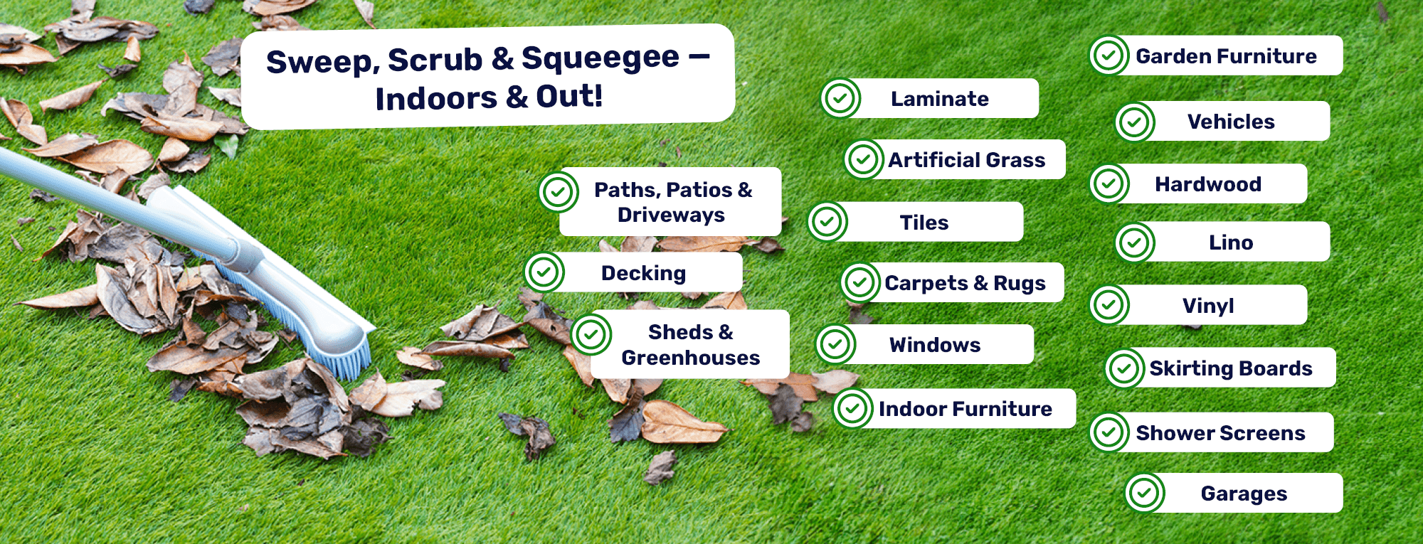 Sweep, Scrub & Squeegee - Indoors and Out! You can use the Better Brush for paths, patios & driveaways, decking, sheds & greenhouse, cars, laminate, artificial grass, tiles, carperts & rugs, windows, garden & indoor furniture, hardwood, vehicles, lino, vinyl, skirting boards, shower screens, and garages. 