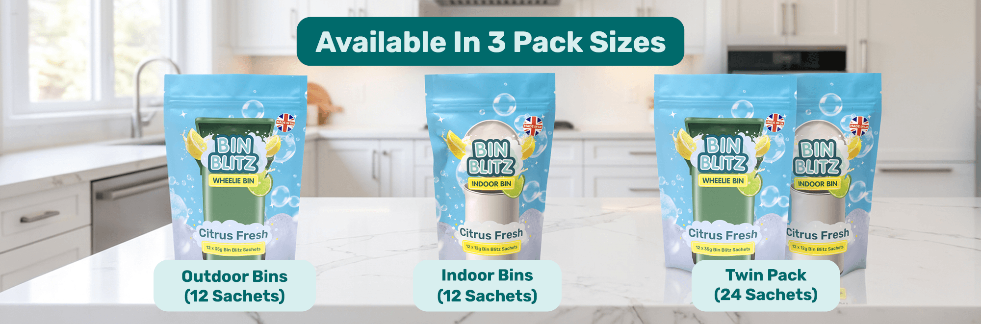 in Blitz is availble in 3 Pack Sizes : Indoors Bin (12 Sachets), Outdoor Bin (12 Sachets) and Twin Pack (24 Sachets)