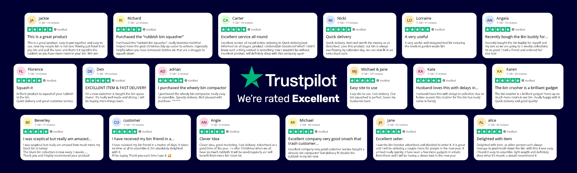 Glowing reviews from some satisfied customers who purchased Bin Booster!