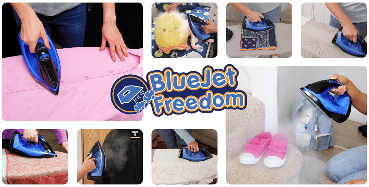 BlueJet Freedom steamer ironing a variety of items including shoes, a coat, toys, and delicate fabric.