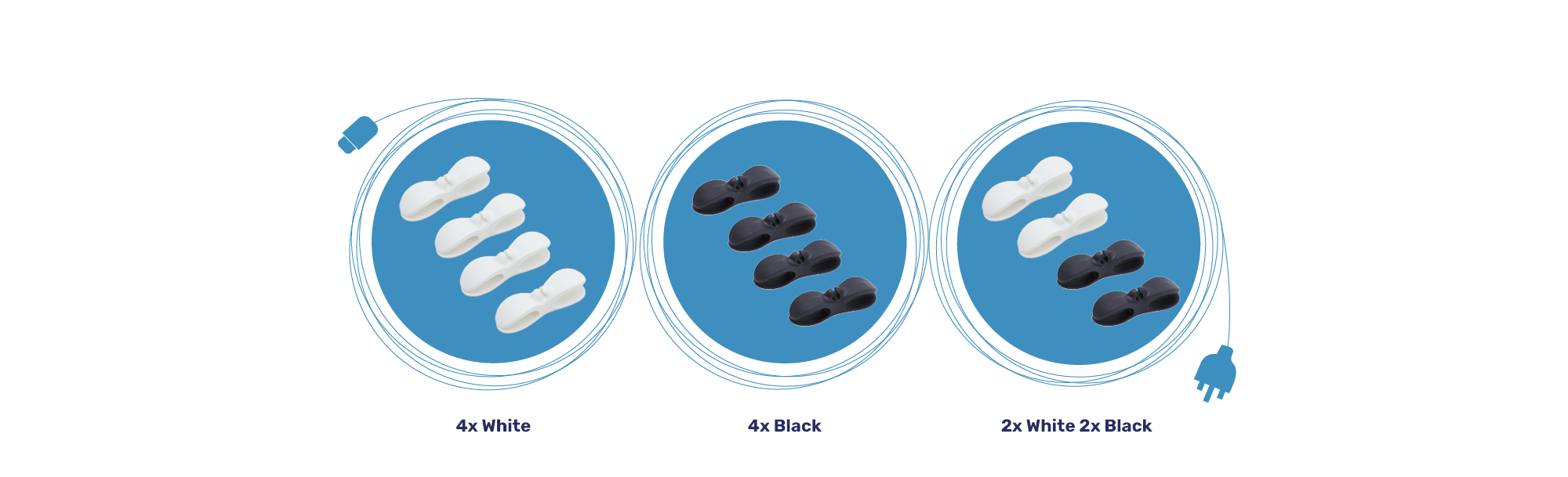 Cord Control available in three colour options: black, white, and black & white.