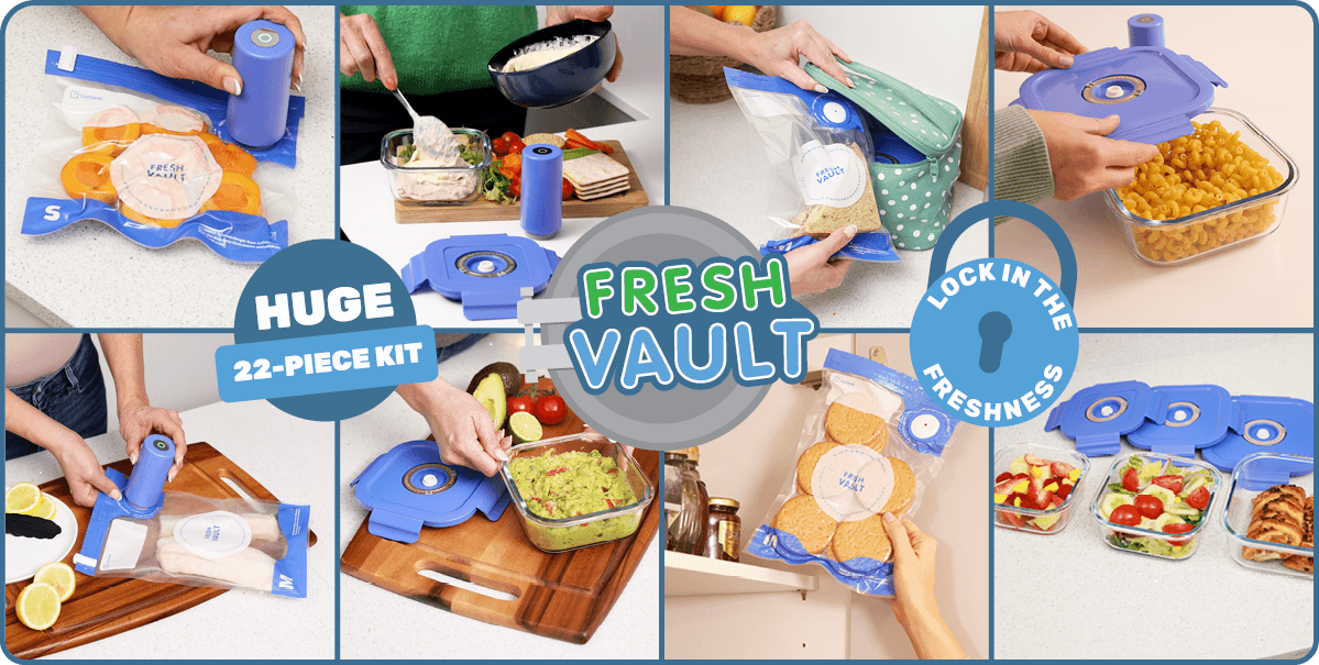 Various images of FreshVault in action for different foods
