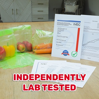 Fruit & veg in Fresher For Longer Bags with certificates from IVEC stating the product has been independently lab tested.
