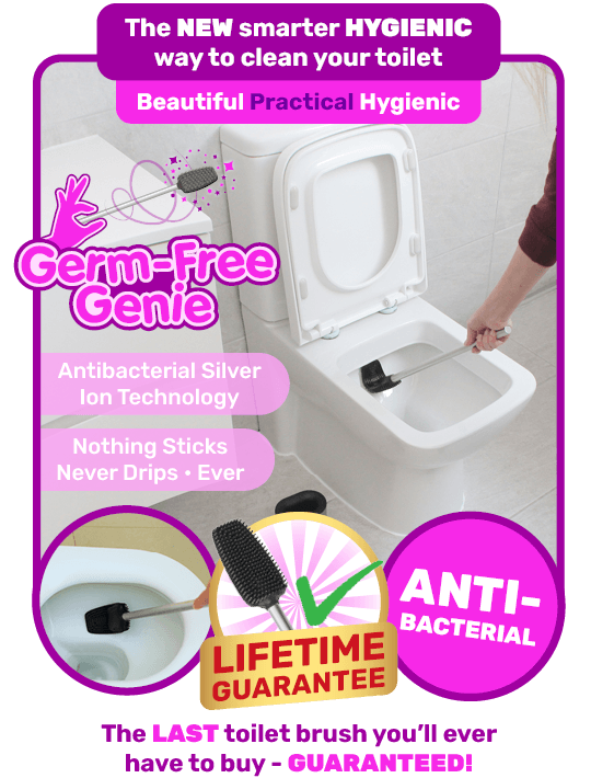 Person cleaning under the rim using Germ-Free Genie, the antibacterial toilet brush that’s guaranteed to last a lifetime.