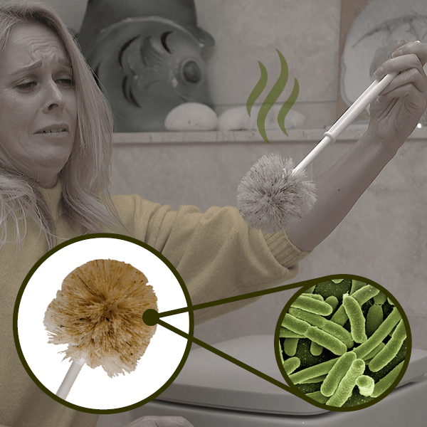 Woman holding a disgusting traditional toilet brush, showing how it's a breeding ground for bacteria