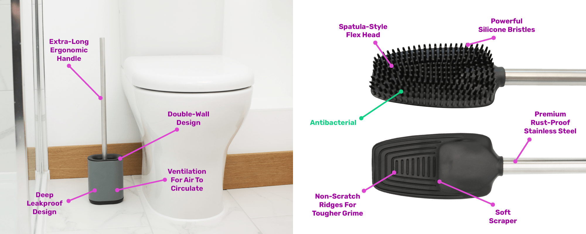 diagram showing off many of the perks of Germ-Free Genie including it's long stainless steel handle, flexible silicone head and ventilated holder