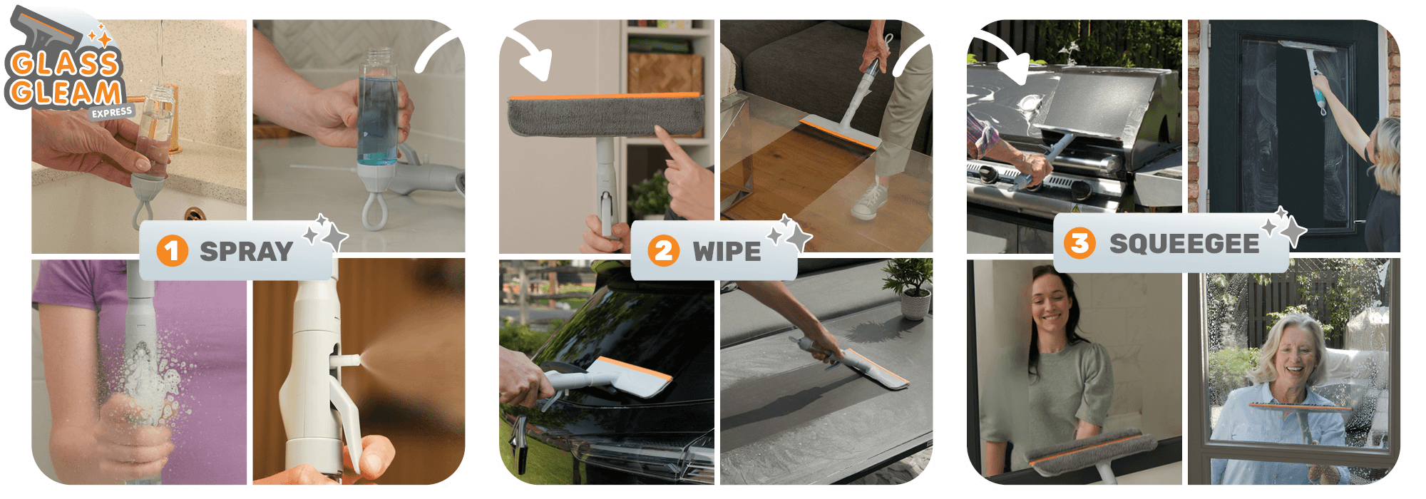 Spray, Wipe, Squeegee