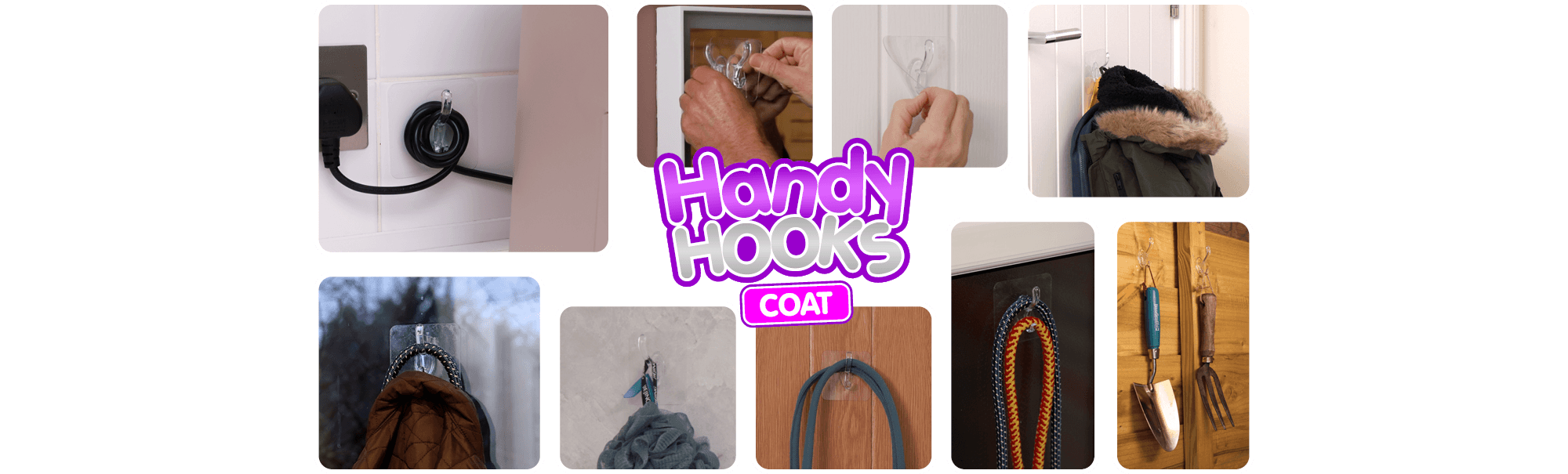 Applying clear Handy Hooks Coat to glass, pressing adhesive onto tiles, sticking hook to painted wall, using on bathroom tiles.