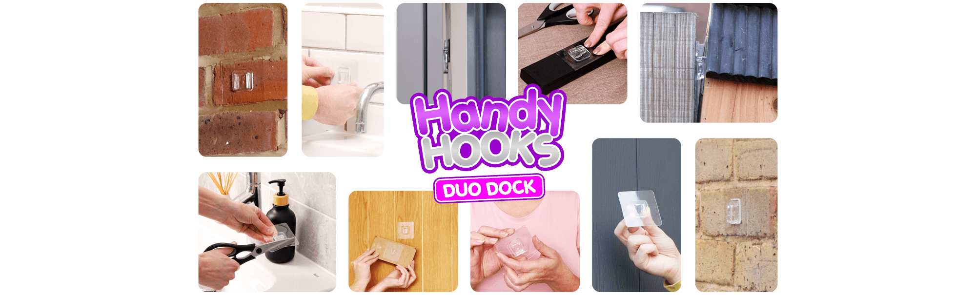 Applying clear Handy Hooks Duo Dock to glass, pressing adhesive onto tiles, sticking hook to painted wall, trimming backing with scissors, hanging lightweight items on wooden surface, removing Handy Hooks Dou Dock from bin, using on bathroom tiles.