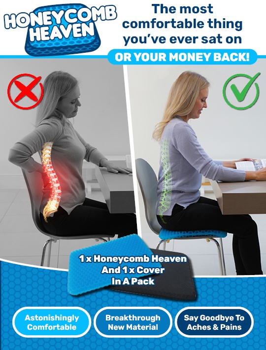 Before & after comparison of Honeycomb Heaven cushion that promotes a good posture when sitting on it & comes with a cover.