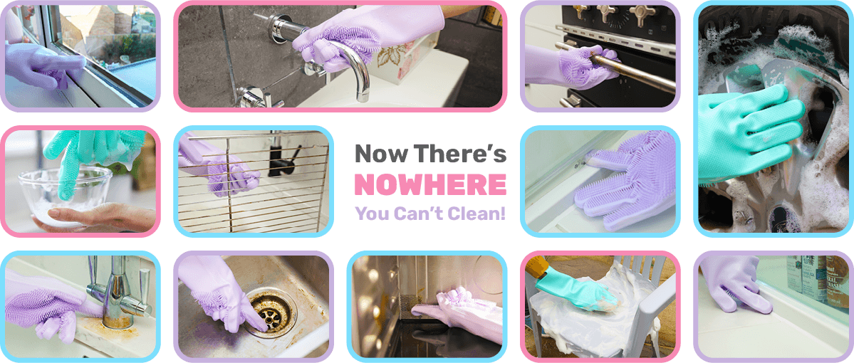 People using Hygiene Hero Hands to clean those awkward areas on their windows, taps, cooker, oven rack & plugholes.