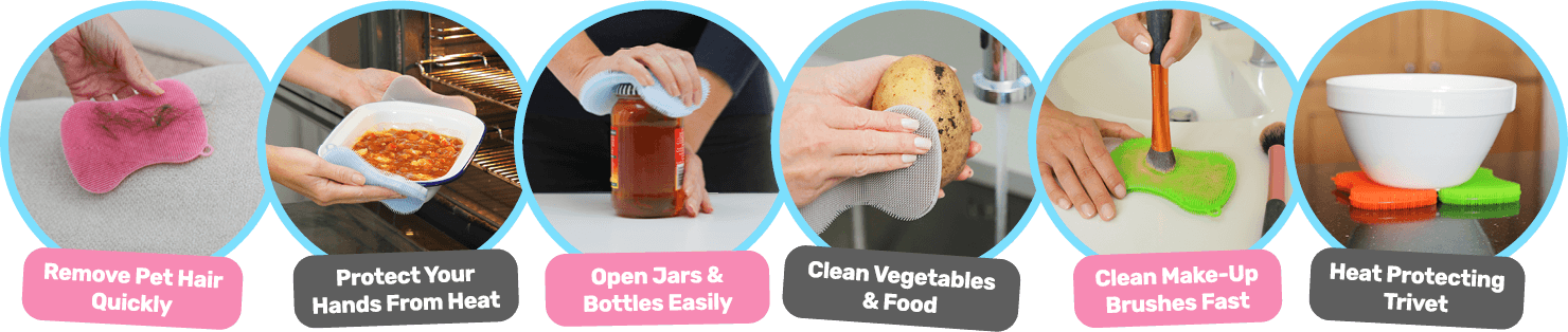 Remove Pet Hair Quickly - Protect Your Hands From Heat - Open Jars & Bottles Easily - Clean Vegetables & Food - Clean Make-Up Brushes Fast - Heat Protecting Trivet