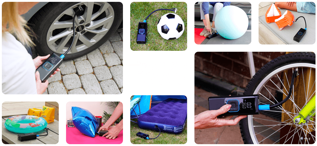 Different items being inflated with the Air Anywhere including car tyres, bicycle tyres, toys and beds