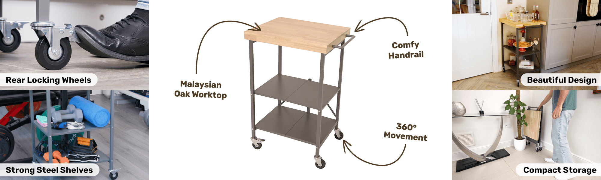 All the great features of the Instant Wardobe including its Malaysian oak worktop and comfy handrail, plus the rear locking wheels and smart locking key