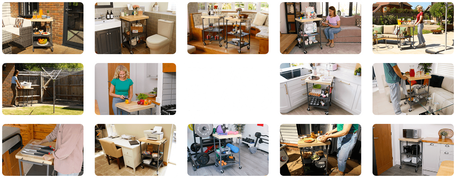 Various images of the Instant Island in use both indoors and outdoors for the kitchen, sewing, barbecue and more!