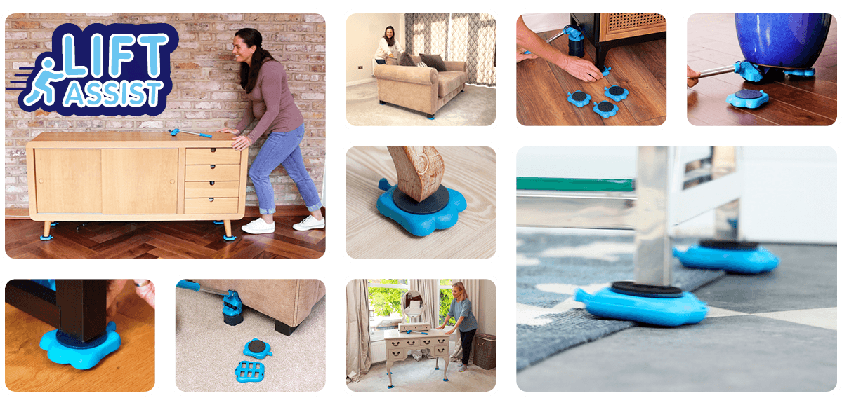 Various images of the Lift Assist in action, moving different pieces of furnoture and plant pots