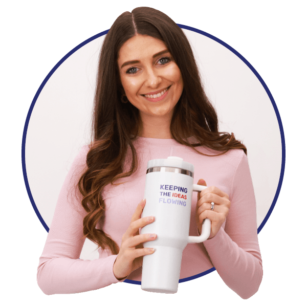 Amy posing with her Must Have Ideas branded tumbler