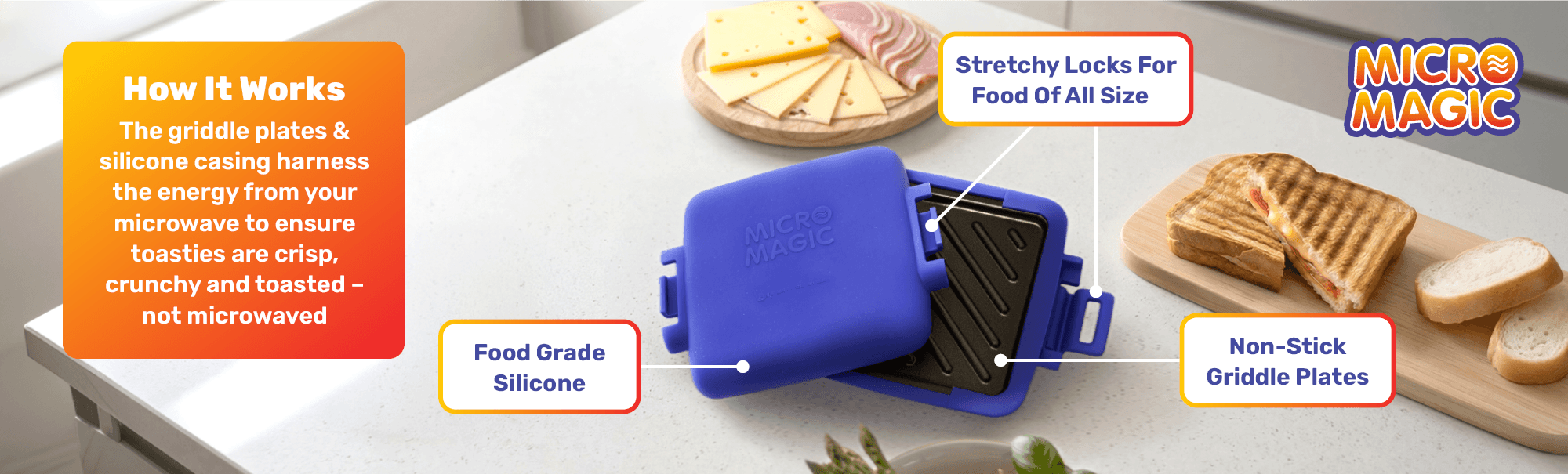 How it works. Thermal heatwave technology cooks, food evenly and lock in flavour. Micro Magic has got food grade silicone, stretchy locks for food of all size, non-stick griddles plates.