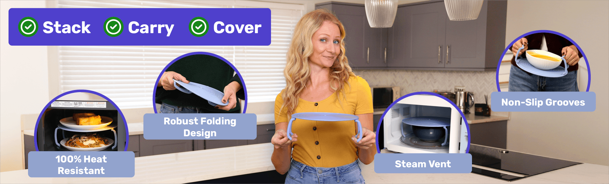 A woman holding a Microwave Mate in a kitchen, showing its 100% heat-resistant material, robust folding design, steam vent, and non-slip grooves