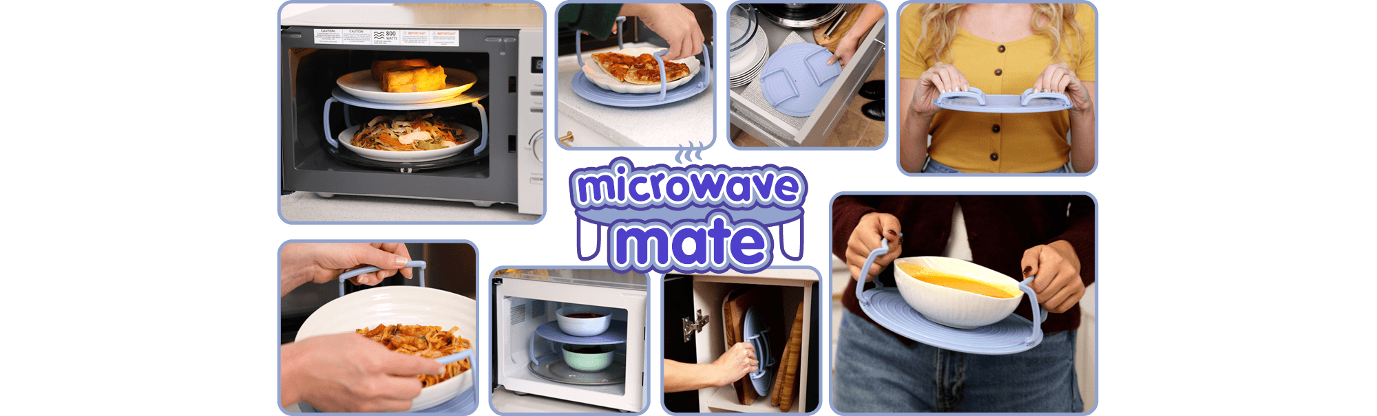 Stacking microwave meals, stacking reheated leftovers for couple, stacking jacket potato & filling, stacking food for kids, carrying tray with bowl of soup, using as a tray, using as splatter guard, in dishwasher, cooking jacket potato directly on it, reheating pizza.