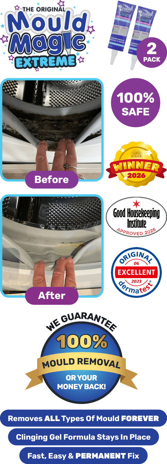 Removes ALL Types Of Mould FOREVER • Clinging Gel Formula Stays In Place • Fast, Easy & PERMANENT Fix