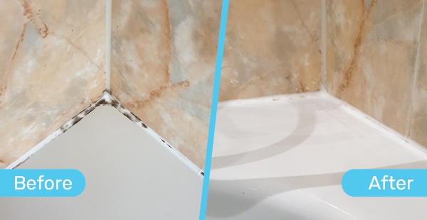 Before and After shot of Mould Magic working on a bath