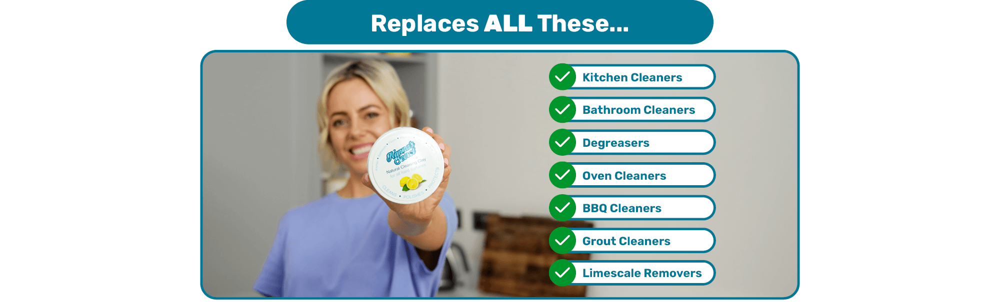 Nanna’s Secret cleaner replacing multiple products, including kitchen and bathroom cleaners, degreasers, oven and BBQ cleaners, grout cleaners, and limescale removers.