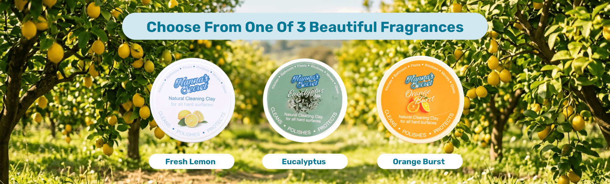 Choose from one of three beautiful fragrances: fresh lemon, eucalyptus, and orange burst.