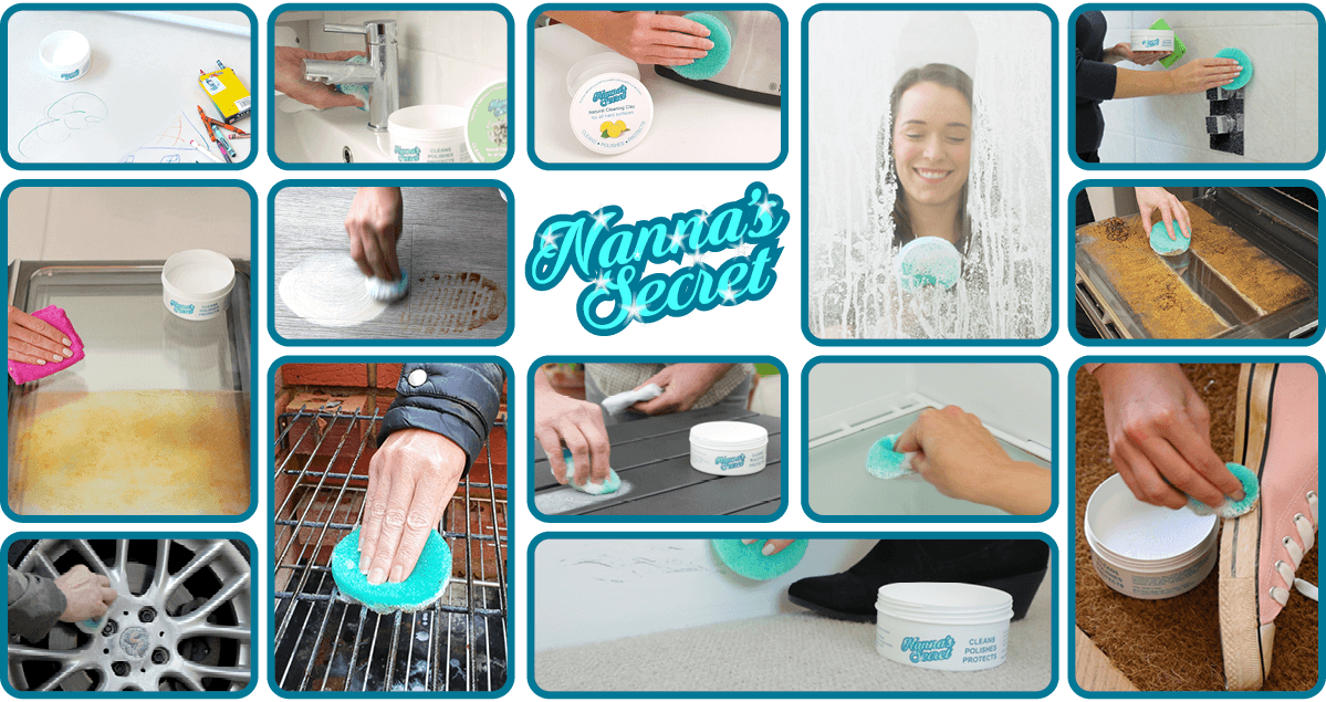 People using Nanna’s secret clay to clean crayon, dirt, grime, stains, soap scum & grease off every surface – inside & out.