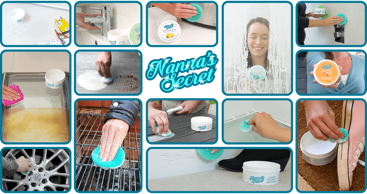 People using Nanna’s secret clay to clean crayon, dirt, grime, stains, soap scum & grease off every surface – inside & out.