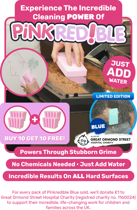 Person cleaning dirt off the oven door with Pinkredible, the sponge that instantly removes stubborn dirt, grease & grime.