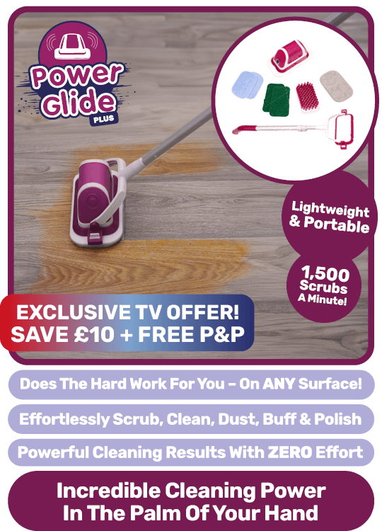 Cleaning a stain off the floor with Power Glide Plus, the lightweight scrubber that powerfully cleans surfaces with zero effort.