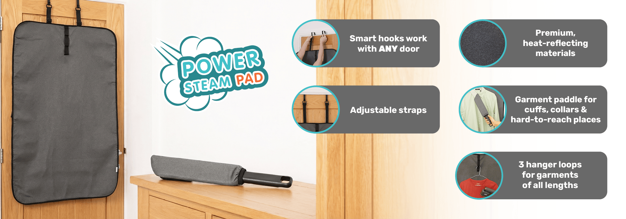 Power Steam Pad has got smart hooks with any door, adjustable straps, premium heat-reflecting, materials, garment paddle for cuffs, collars & hard-to-reach places, 3 hanger loops for garments of all lenghts