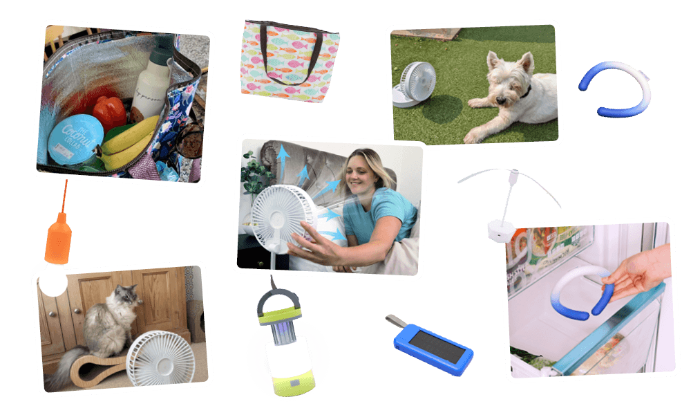 Images of different Must Have Ideas products being used to combat heat including Fan-Tastic, Keep Kool Bags and Chill Tube