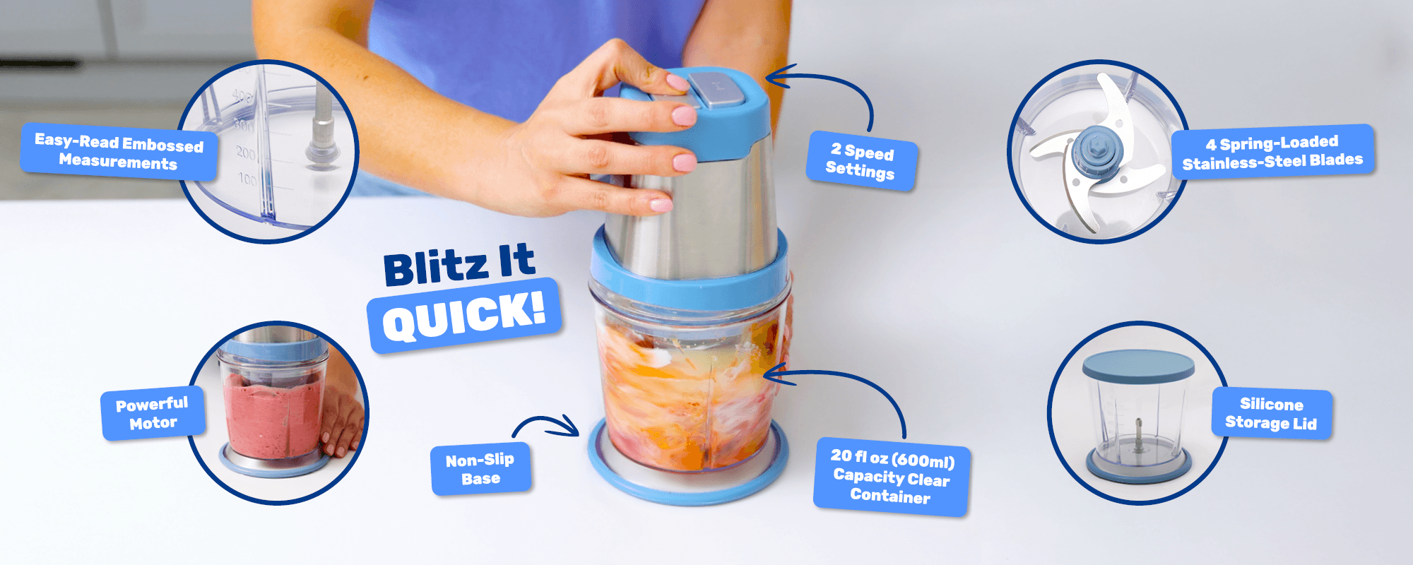 Blitz It QUICK! Embossed Measurements, Powerful Motor, Non-Slip Base, 2 Speed Settings, 20 fl oz (600ml) capacity clear container, 4 Spring-Loaded Stainless-Steel Blades, Silicone Storage Lid