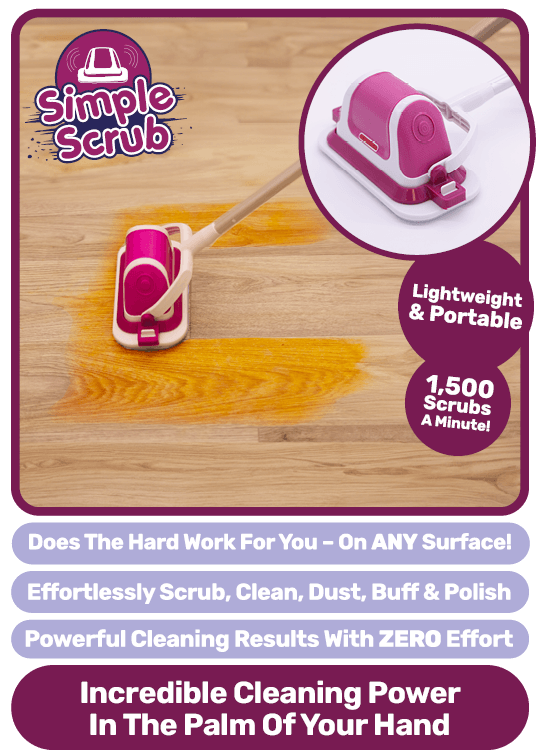 Cleaning a stain off the floor with Simple Scrub, the lightweight scrubber that powerfully cleans surfaces with zero effort.