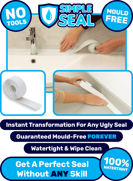 Person replacing seals around bathroom with Simple Seal, the 100% watertight seal that keeps seals mould free.
