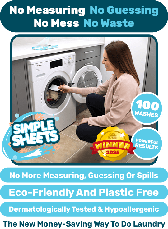 Woman placing a Simple Sheet in the washing machine that costs 10p per wash with 100 washes per pack.