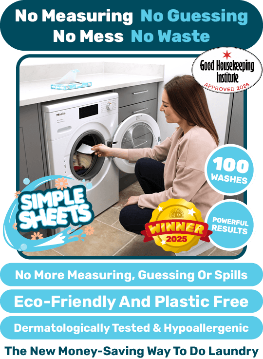 Woman placing a Simple Sheet in the washing machine that costs 10p per wash with 100 washes per pack.