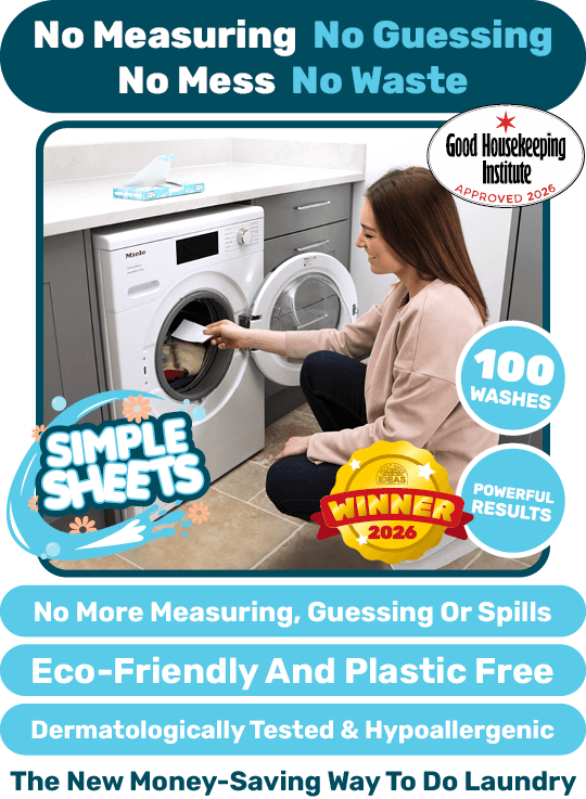 Woman placing a Simple Sheet in the washing machine that costs 10p per wash with 100 washes per pack.