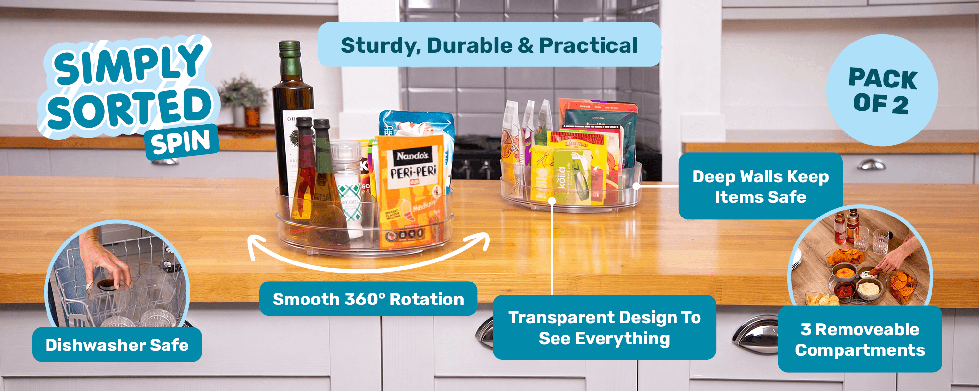 Simply Sorted Spin has got pack of 2, 3 removable compartments, transparent design to see everything, deep walks keep items safe, smooth 360° rotation, sturdy, durable & practical, dishwasher safe.
