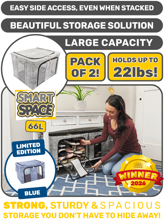 Woman placing shoes in the side-access of Smart Space, the sturdy & spacious two pack storage box that folds & stacks.