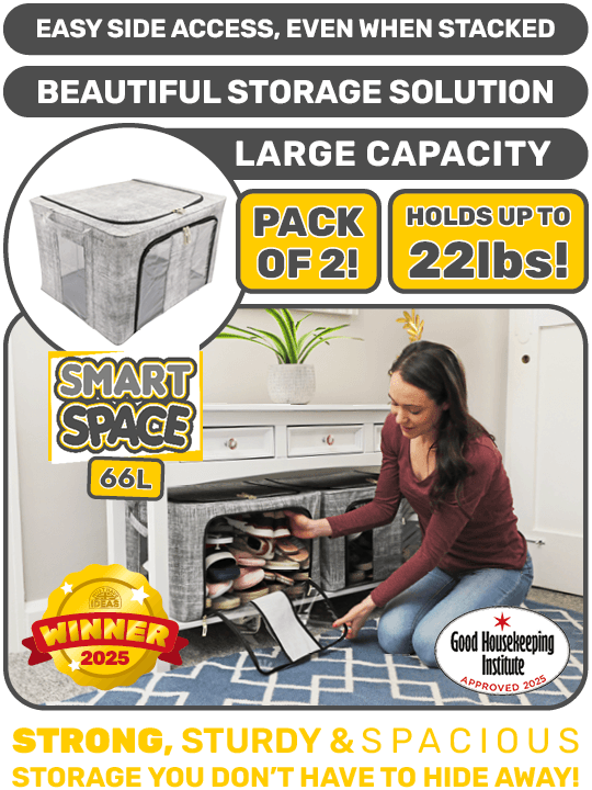 Woman placing shoes in the side-access of Smart Space, the sturdy & spacious two pack storage box that folds & stacks.