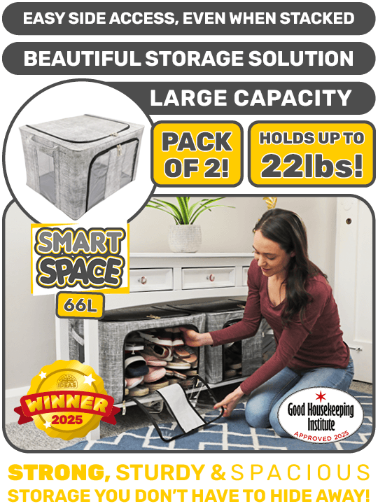 Woman placing shoes in the side-access of Smart Space, the sturdy & spacious two pack storage box that folds & stacks.