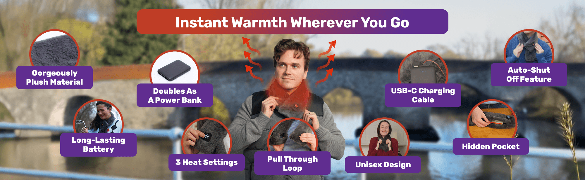 A man wearing a Snug Scarf outdoors. Made from gorgeously plush material, it features three heat settings, a long-lasting battery, auto shut-off, and a hidden pocket. The Snug Scarf doubles as a power bank, comes with a USB-C charging cable, and has a unisex, pull-through loop design