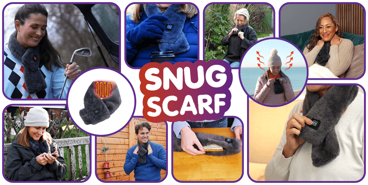 People wearing a Snug Scarf in various indoor and outdoor settings. Close-ups show the plush texture, heat control button, and a hidden pocket holding a card. The SNug Scarf is worn by men and women while walking, relaxing, using a phone, and staying warm in cold weather.