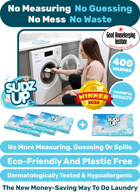 Woman placing a SudzUp sheet in the washing machine that costs 10p per wash with 100 washes per pack.
