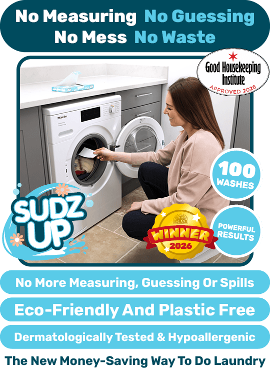 Woman placing a SudzUp sheet in the washing machine that costs 10p per wash with 100 washes per pack.