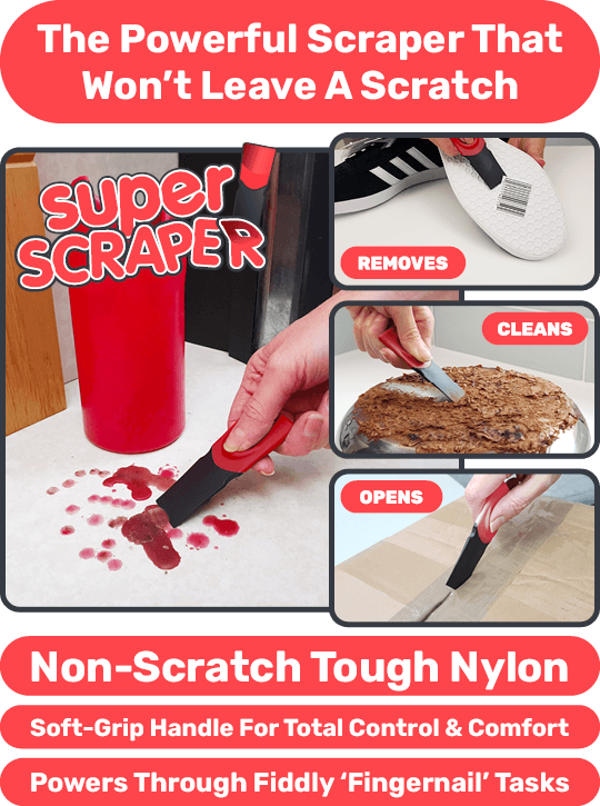 Person using Super Scraper to remove wax & stickers, clean grime off the pan & to open a box.